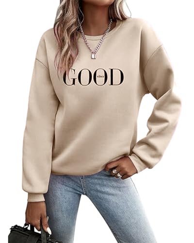 Godoboo Pullover Damen Sweatshirt Fleecepullover Sport Baumwolle Sweatpullover Buchstaben Print Herbst Pulli Basic Thermo Casual Ohne Kapuze von Godoboo