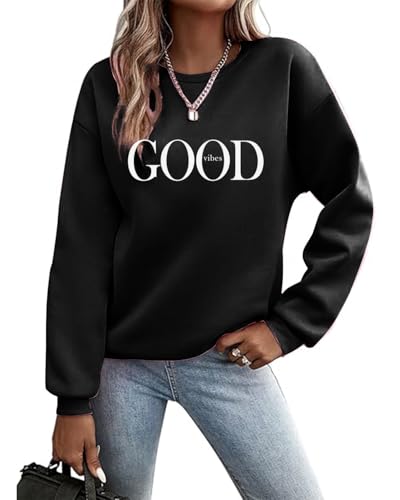 Godoboo Pullover Damen Sweatshirt Fleecepullover Sport Baumwolle Sweatpullover Buchstaben Print Herbst Pulli Basic Thermo Casual Ohne Kapuze von Godoboo