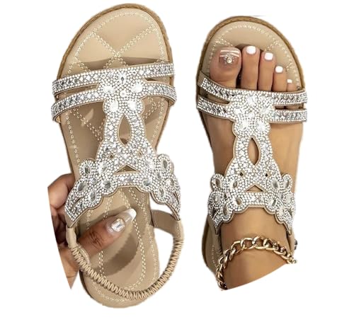 Godoboo Sandalen Damen Boho Flache Sandalen mit Strass Glitzer Sommer Elegant T-Riemen Sommerschuhe Flip Bequem Sandaletten Flach Strand Schuhe Bohemian Strandsandalen von Godoboo