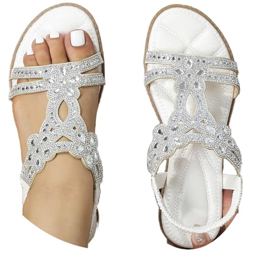 Godoboo Sandalen Damen Boho Flache Sandalen mit Strass Glitzer Sommer Elegant T-Riemen Sommerschuhe Flip Bequem Sandaletten Flach Strand Schuhe Bohemian Strandsandalen von Godoboo