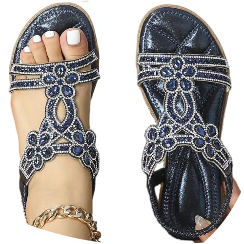 Godoboo Sandalen Damen Boho Flache Sandalen mit Strass Glitzer Sommer Elegant T-Riemen Sommerschuhe Flip Bequem Sandaletten Flach Strand Schuhe Bohemian Strandsandalen von Godoboo