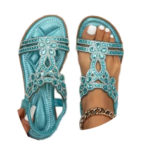 Godoboo Sandalen Damen Boho Flache Sandalen mit Strass Glitzer Sommer Elegant T-Riemen Sommerschuhe Flip Bequem Sandaletten Flach Strand Schuhe Bohemian Strandsandalen von Godoboo