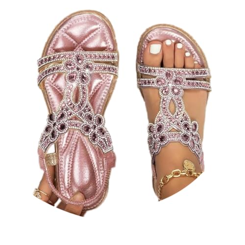 Godoboo Sandalen Damen Boho Flache Sandalen mit Strass Glitzer Sommer Elegant T-Riemen Sommerschuhe Flip Bequem Sandaletten Flach Strand Schuhe Bohemian Strandsandalen von Godoboo