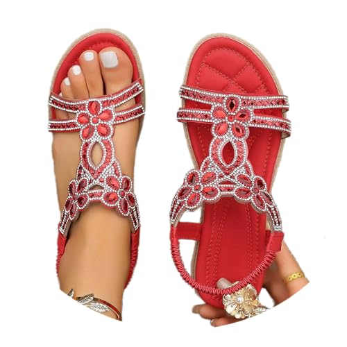 Godoboo Sandalen Damen Boho Flache Sandalen mit Strass Glitzer Sommer Elegant T-Riemen Sommerschuhe Flip Bequem Sandaletten Flach Strand Schuhe Bohemian Strandsandalen von Godoboo