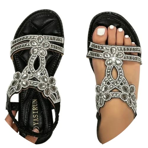 Godoboo Sandalen Damen Boho Flache Sandalen mit Strass Glitzer Sommer Elegant T-Riemen Sommerschuhe Flip Bequem Sandaletten Flach Strand Schuhe Bohemian Strandsandalen von Godoboo