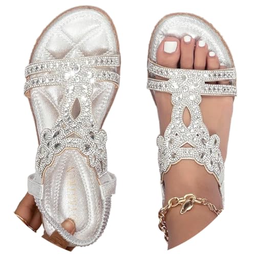 Godoboo Sandalen Damen Boho Flache Sandalen mit Strass Glitzer Sommer Elegant T-Riemen Sommerschuhe Flip Bequem Sandaletten Flach Strand Schuhe Bohemian Strandsandalen von Godoboo