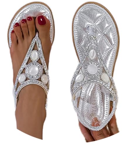 Godoboo Sandalen Damen Boho Flache Sandalen mit Strass Glitzer Sommer Elegant T-Riemen Sommerschuhe Flip Bequem Sandaletten Flach Strand Schuhe Bohemian Strandsandalen Godoboo Sandalen Damen Boho Flache Sandalen mit Strass Glitzer Sommer Elegant T-Riemen Sommerschuhe Flip Bequem Sandaletten Flach Strand Schuhe Bohemian Strandsandalen von Godoboo
