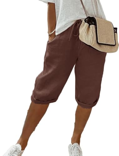 Godoboo Sommerhose Damen 3/4 Baumwolle Kurze Hosen Sommer Einfarbig Bequeme Strandhose Casual High Waist Sommershorts Mit Kordelzug Und Taschen Outdoorhose Jogginghose von Godoboo