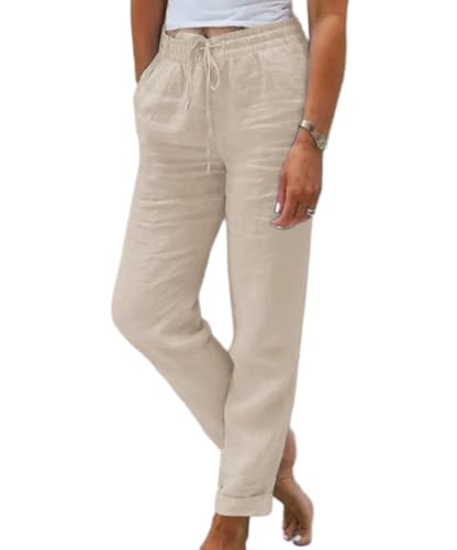 Godoboo Sommerhose Damen Leicht HosenLeinenhose Baumwolle Leinen Stoffhose Freizeithose Mit Taschen und Tunnelzug von Godoboo