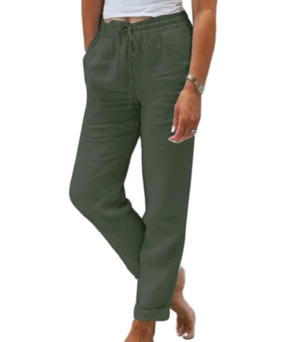 Godoboo Sommerhose Damen Leicht HosenLeinenhose Baumwolle Leinen Stoffhose Freizeithose Mit Taschen und Tunnelzug von Godoboo