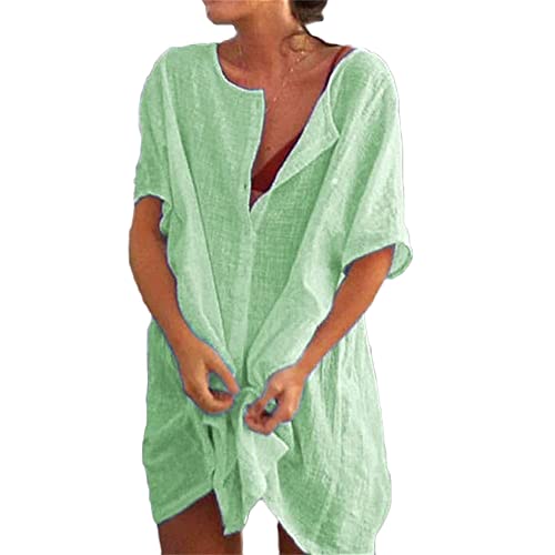 Godoboo Strandkleid Damen Sommerkleid Damen Leinenkleider Casual Kurzarm Freizeitkleid Midikleid Kurzarm A-Linie Kleid Ohne Zubehör Bikini Cover Up Strandponcho Damen Bademode Strand Vertuschen Shirt von Godoboo