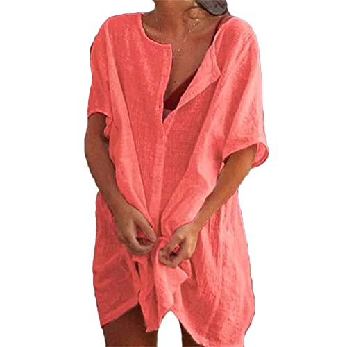 Godoboo Strandkleid Damen Sommerkleid Damen Leinenkleider Casual Kurzarm Freizeitkleid Midikleid Kurzarm A-Linie Kleid Ohne Zubehör Bikini Cover Up Strandponcho Damen Bademode Strand Vertuschen Shirt von Godoboo