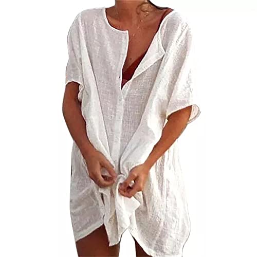 Godoboo Strandkleid Damen Sommerkleid Damen Leinenkleider Casual Kurzarm Freizeitkleid Midikleid Kurzarm A-Linie Kleid Ohne Zubehör Bikini Cover Up Strandponcho Damen Bademode Strand Vertuschen Shirt von Godoboo