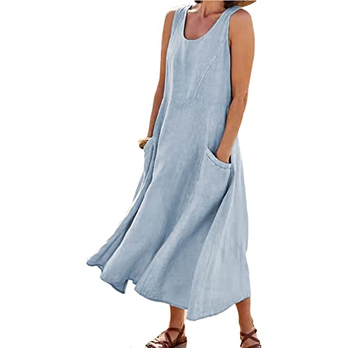 Godoboo Sommerkleid Leinen Kleider Baumwoll Leinen Kleid Ärmelloses Kleid Einfarbig Freizeitkleid Strandkleider Casual Boho Sommerkleid Strandkleid Einfarbig Locker mit Taschen von Godoboo