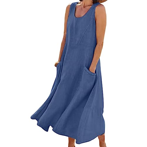 Godoboo Sommerkleid Leinen Kleider Baumwoll Leinen Kleid Ärmelloses Kleid Einfarbig Freizeitkleid Strandkleider Casual Boho Sommerkleid Strandkleid Einfarbig Locker mit Taschen von Godoboo