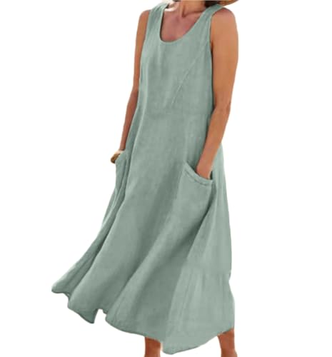 Godoboo Sommerkleid Leinen Kleider Baumwoll Leinen Kleid Ärmelloses Kleid Einfarbig Freizeitkleid Strandkleider Casual Boho Sommerkleid Strandkleid Einfarbig Locker mit Taschen von Godoboo