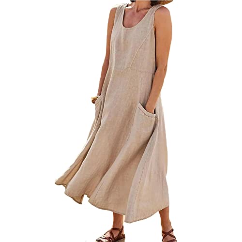 Godoboo Sommerkleid Leinen Kleider Baumwoll Leinen Kleid Ärmelloses Kleid Einfarbig Freizeitkleid Strandkleider Casual Boho Sommerkleid Strandkleid Einfarbig Locker mit Taschen von Godoboo