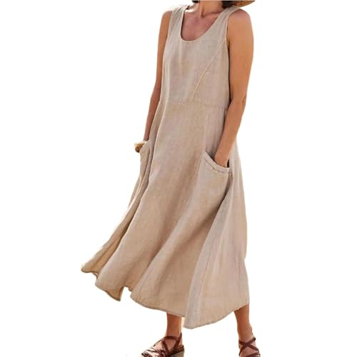 Godoboo Sommerkleid Leinen Kleider Baumwoll Leinen Kleid Ärmelloses Kleid Einfarbig Freizeitkleid Strandkleider Casual Boho Sommerkleid Strandkleid Einfarbig Locker mit Taschen von Godoboo