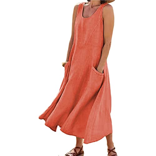 Godoboo Sommerkleid Leinen Kleider Baumwoll Leinen Kleid Ärmelloses Kleid Einfarbig Freizeitkleid Strandkleider Casual Boho Sommerkleid Strandkleid Einfarbig Locker mit Taschen von Godoboo