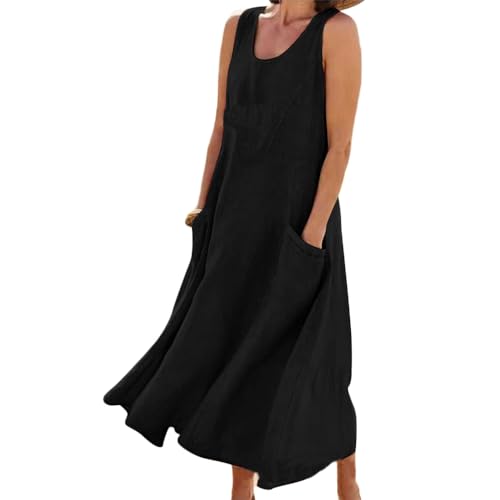 Godoboo Sommerkleid Leinen Kleider Baumwoll Leinen Kleid Ärmelloses Kleid Einfarbig Freizeitkleid Strandkleider Casual Boho Sommerkleid Strandkleid Einfarbig Locker mit Taschen von Godoboo