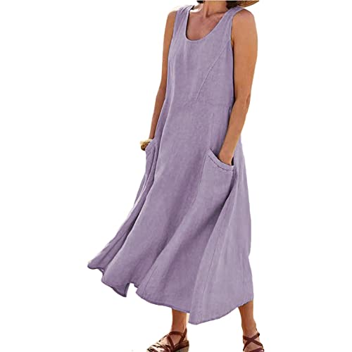 Godoboo Sommerkleid Leinen Kleider Baumwoll Leinen Kleid Ärmelloses Kleid Einfarbig Freizeitkleid Strandkleider Casual Boho Sommerkleid Strandkleid Einfarbig Locker mit Taschen von Godoboo