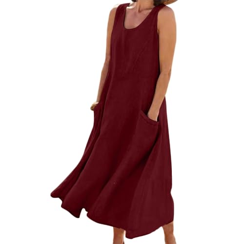 Godoboo Sommerkleid Leinen Kleider Baumwoll Leinen Kleid Ärmelloses Kleid Einfarbig Freizeitkleid Strandkleider Casual Boho Sommerkleid Strandkleid Einfarbig Locker mit Taschen von Godoboo