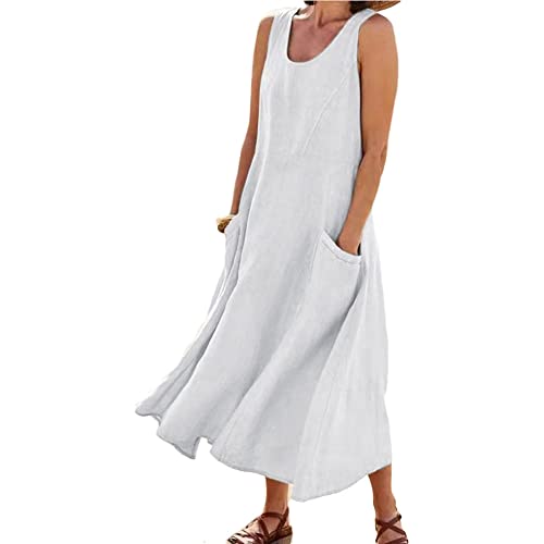 Godoboo Sommerkleid Leinen Kleider Baumwoll Leinen Kleid Ärmelloses Kleid Einfarbig Freizeitkleid Strandkleider Casual Boho Sommerkleid Strandkleid Einfarbig Locker mit Taschen von Godoboo