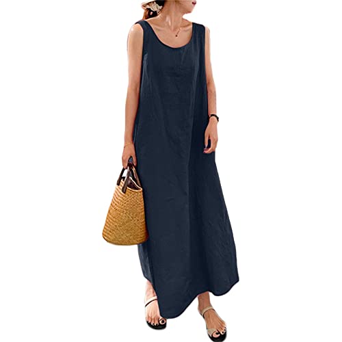 Godoboo Sommerkleid Leinen Kleider Baumwoll Leinen Kleid Ärmelloses Kleid Einfarbig Freizeitkleid Strandkleider Casual Boho Sommerkleid Strandkleid Einfarbig Locker mit Taschen von Godoboo