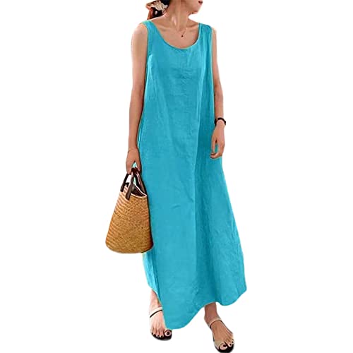 Godoboo Damen Kleider Sommerkleid Leinen Leinen Kleid Ärmelloses Kleid Freizeitkleid Strandkleider Casual Strandkleid Einfarbig Locker von Godoboo