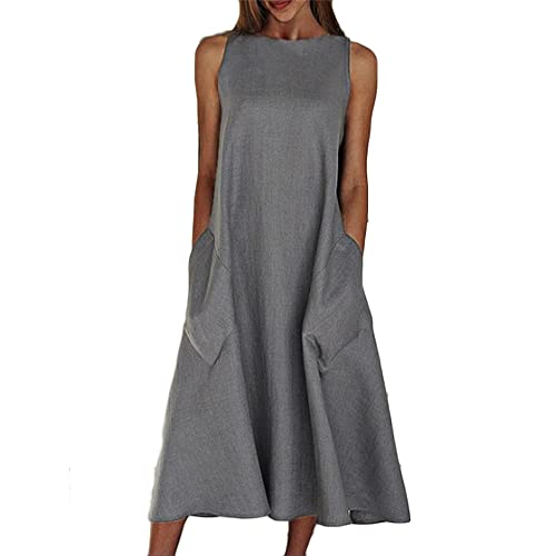 Godoboo Sommerkleid Leinen Kleider Baumwoll Leinen Kleid Ärmelloses Kleid Einfarbig Freizeitkleid Strandkleider Casual Boho Sommerkleid Strandkleid Einfarbig Locker mit Taschen von Godoboo