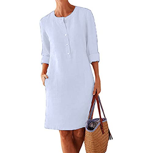 Godoboo Sommerkleid Leinen Kleider Rundhals Damen Leinenkleid A-Linie Kleid Einfarbig Freizeitkleid Strandkleider Casual von Godoboo