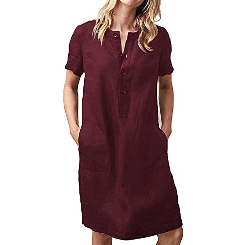 Godoboo Sommerkleid Leinen Kleider Rundhals Damen Leinenkleid A-Linie Kleid Einfarbig Freizeitkleid Strandkleider Casual von Godoboo