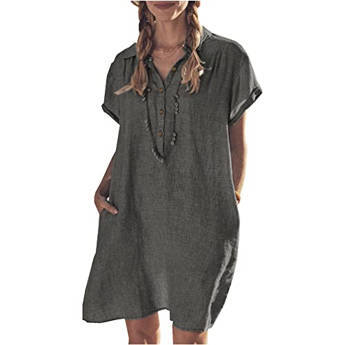 Godoboo Sommerkleid Leinen Kleider Rundhals Damen Leinenkleid A-Linie Kleid Einfarbig Freizeitkleid Strandkleider Casual von Godoboo