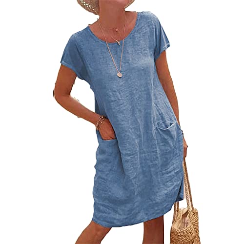 Godoboo Sommerkleid Leinen Kleider Rundhals Damen Leinenkleid A-Linie Kleid Einfarbig Freizeitkleid Strandkleider Casual von Godoboo