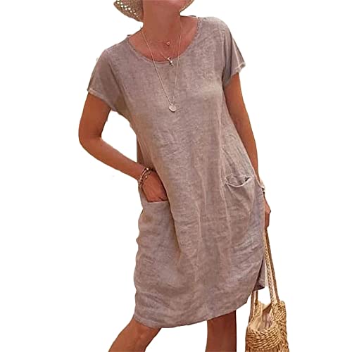 Godoboo Sommerkleid Leinen Kleider Rundhals Damen Leinenkleid A-Linie Kleid Einfarbig Freizeitkleid Strandkleider Casual von Godoboo