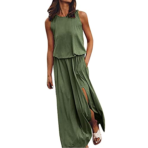 Godoboo Sommerkleider Damen Lange Maxikleider Lässiges Ärmelloses Tank Split Kleid Damen Strandkleid Sexy Kleid Rundhals Schlitz Kleider Strandmode Elegant von Godoboo