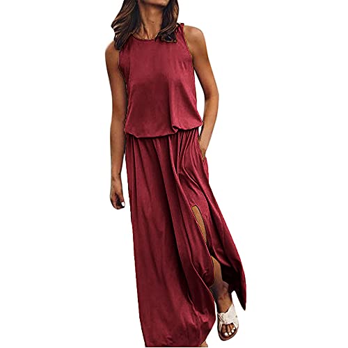 Godoboo Sommerkleider Damen Lange Maxikleider Lässiges Ärmelloses Tank Split Kleid Damen Strandkleid Sexy Kleid Rundhals Schlitz Kleider Strandmode Elegant von Godoboo