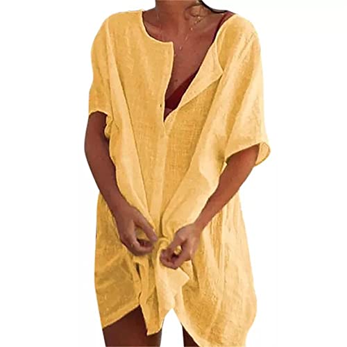 Godoboo Strandkleid Damen Sommerkleid Damen Leinenkleider Casual Kurzarm Freizeitkleid Midikleid Kurzarm A-Linie Kleid Ohne Zubehör Bikini Cover Up Strandponcho Damen Bademode Strand Vertuschen Shirt von Godoboo