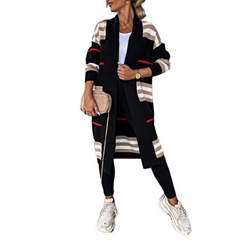 Godoboo Strickjacke Damen Lang Grobstrickjacke Strickpullover Winter Elegant Offen Lang Strickcardigan Langarm Strickmantel Warm Strickpullover Outwear Strickmantel Sweater, F Schwarz, S von Godoboo