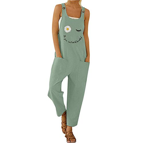 Gododboo Jumpsuit Damen Latzhosen Linen Sommer Overall Damen Frauen Latzhose Beiläufig Boho Blumendruck Hosen Baumwolle Leinen Strampler Overall Rompers Wide Leg Playsuit mit Tasche von Godoboo