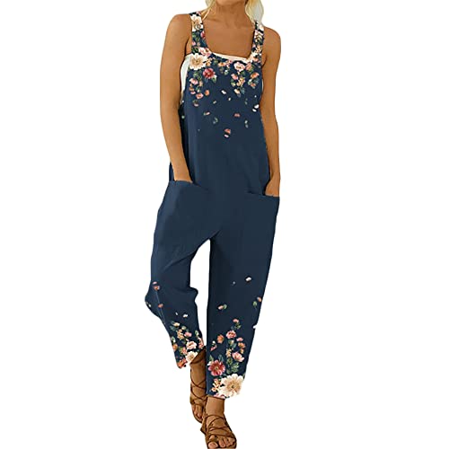 Gododboo Jumpsuit Damen Latzhosen Linen Sommer Overall Damen Frauen Latzhose Beiläufig Boho Blumendruck Hosen Baumwolle Leinen Strampler Overall Rompers Wide Leg Playsuit mit Tasche von Godoboo