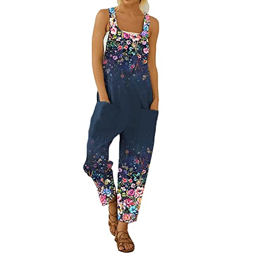 Gododboo Jumpsuit Damen Latzhosen Linen Sommer Overall Damen Frauen Latzhose Beiläufig Boho Blumendruck Hosen Baumwolle Leinen Strampler Overall Rompers Wide Leg Playsuit mit Tasche von Godoboo