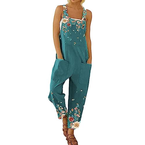 Gododboo Jumpsuit Damen Latzhosen Linen Sommer Overall Damen Frauen Latzhose Beiläufig Boho Blumendruck Hosen Baumwolle Leinen Strampler Overall Rompers Wide Leg Playsuit mit Tasche von Godoboo