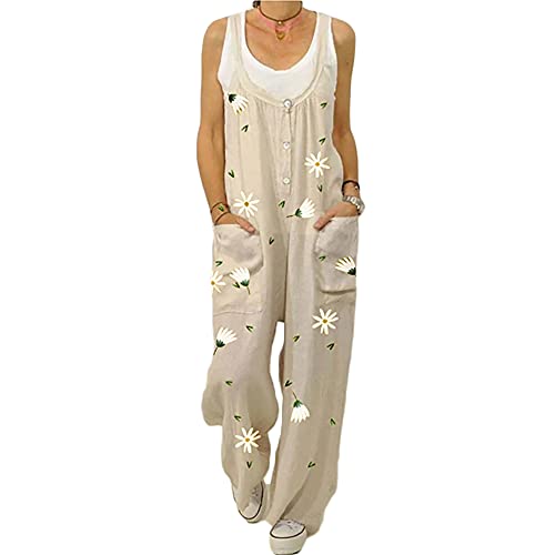 Gododboo Jumpsuit Damen Latzhosen Linen Sommer Overall Damen Frauen Latzhose Beiläufig Boho Blumendruck Hosen Baumwolle Leinen Strampler Overall Rompers Wide Leg Playsuit mit Tasche von Godoboo