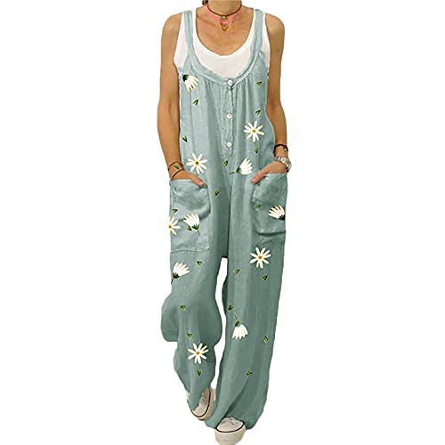 Gododboo Jumpsuit Damen Latzhosen Linen Sommer Overall Damen Frauen Latzhose Beiläufig Boho Blumendruck Hosen Baumwolle Leinen Strampler Overall Rompers Wide Leg Playsuit mit Tasche von Godoboo