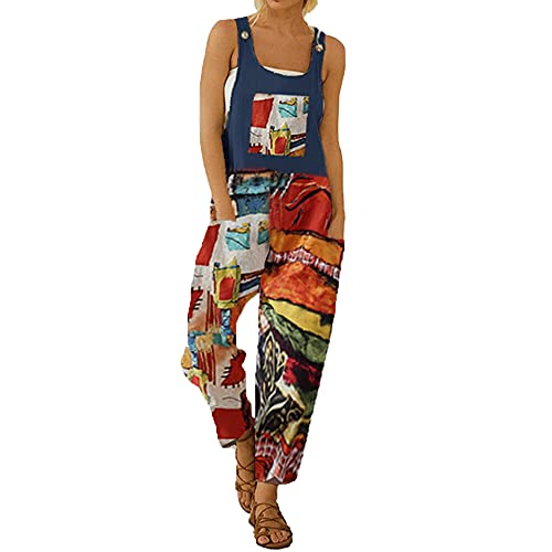 Gododboo Jumpsuit Damen Latzhosen Linen Sommer Overall Damen Frauen Latzhose Beiläufig Boho Blumendruck Hosen Baumwolle Leinen Strampler Overall Rompers Wide Leg Playsuit mit Tasche von Godoboo