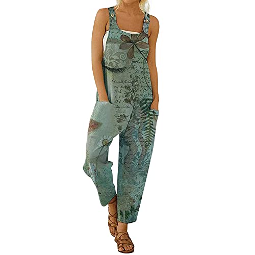 Gododboo Jumpsuit Damen Latzhosen Linen Sommer Overall Damen Frauen Latzhose Beiläufig Boho Blumendruck Hosen Baumwolle Leinen Strampler Overall Rompers Wide Leg Playsuit mit Tasche von Godoboo