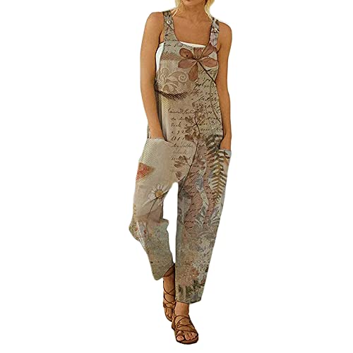 Gododboo Jumpsuit Damen Latzhosen Linen Sommer Overall Damen Frauen Latzhose Beiläufig Boho Blumendruck Hosen Baumwolle Leinen Strampler Overall Rompers Wide Leg Playsuit mit Tasche von Godoboo