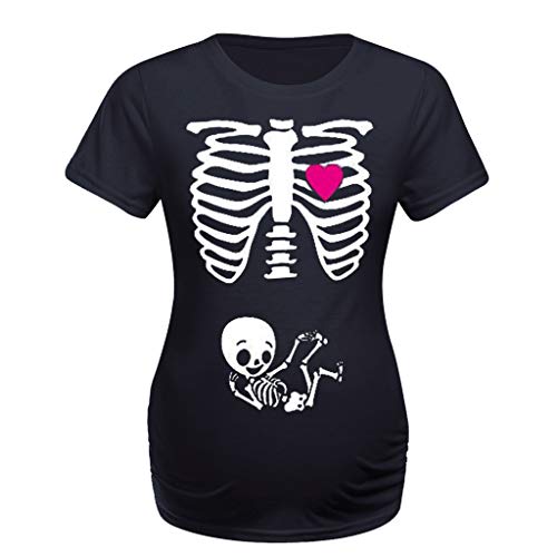 Blusen Damen Große Größen Sommer Kurzes T-Shirt Kleidung Frauen Schwangere Mutterschafts-Ärmel-Töpfe Druck Skelett lässige Mutterschaftsbluse Halloween Schwanger Umstandsmode Oberteil Stillmode Still von Godom