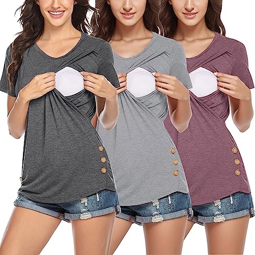 Damen Stillshirt Kurzarm Umstands Nursing T-Shirt Tops 2in1 Umstandsshirt mit Stillfunktion Langarmshirt Herbst Winter Sweatshirts Damen Stillshirt Langarmshirt T-Shirts für Schwangere 3PCS/Pack von Godom